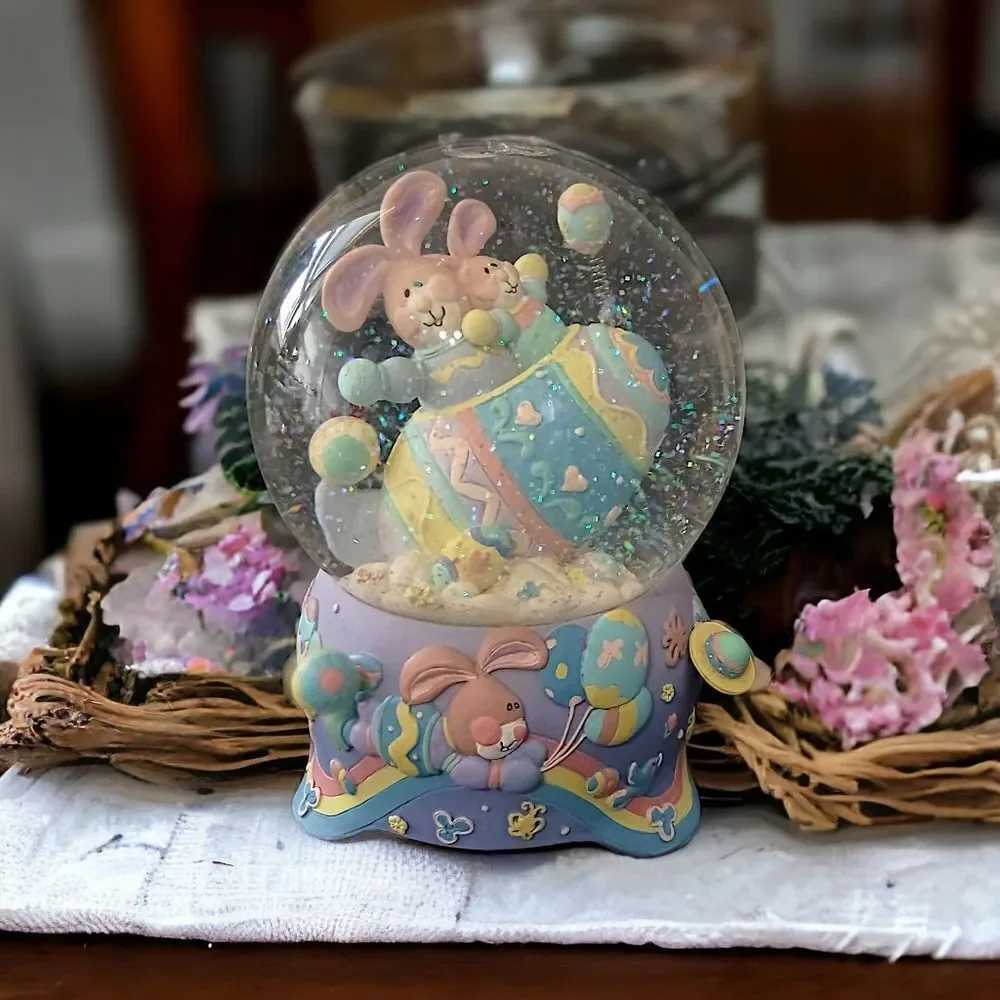 Easter Snow Globe Music Box Musical Bunny VIDEO Pastel Balloons Eggs Vintage 90s